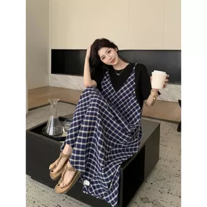 Đầm khâu kẻ sọc thiết kế Sense Fat MM Kích thước cực lớn mùa hè Vỏ rộng bụng Ôm hơn Áo thun Over-the-Knee