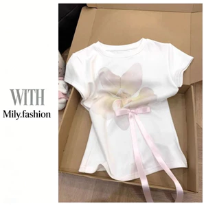 Milyfashion Trắng Chính Hãng Vai Ngắn Tay Áo Thun Mùa Hè Cotton Nguyên Chất In Nơ Ren-Up Top ZSCT