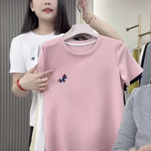 Áo thun ngắn tay thêu phiên bản Hàn Quốc mới dáng rộng cổ tròn dành cho nữ