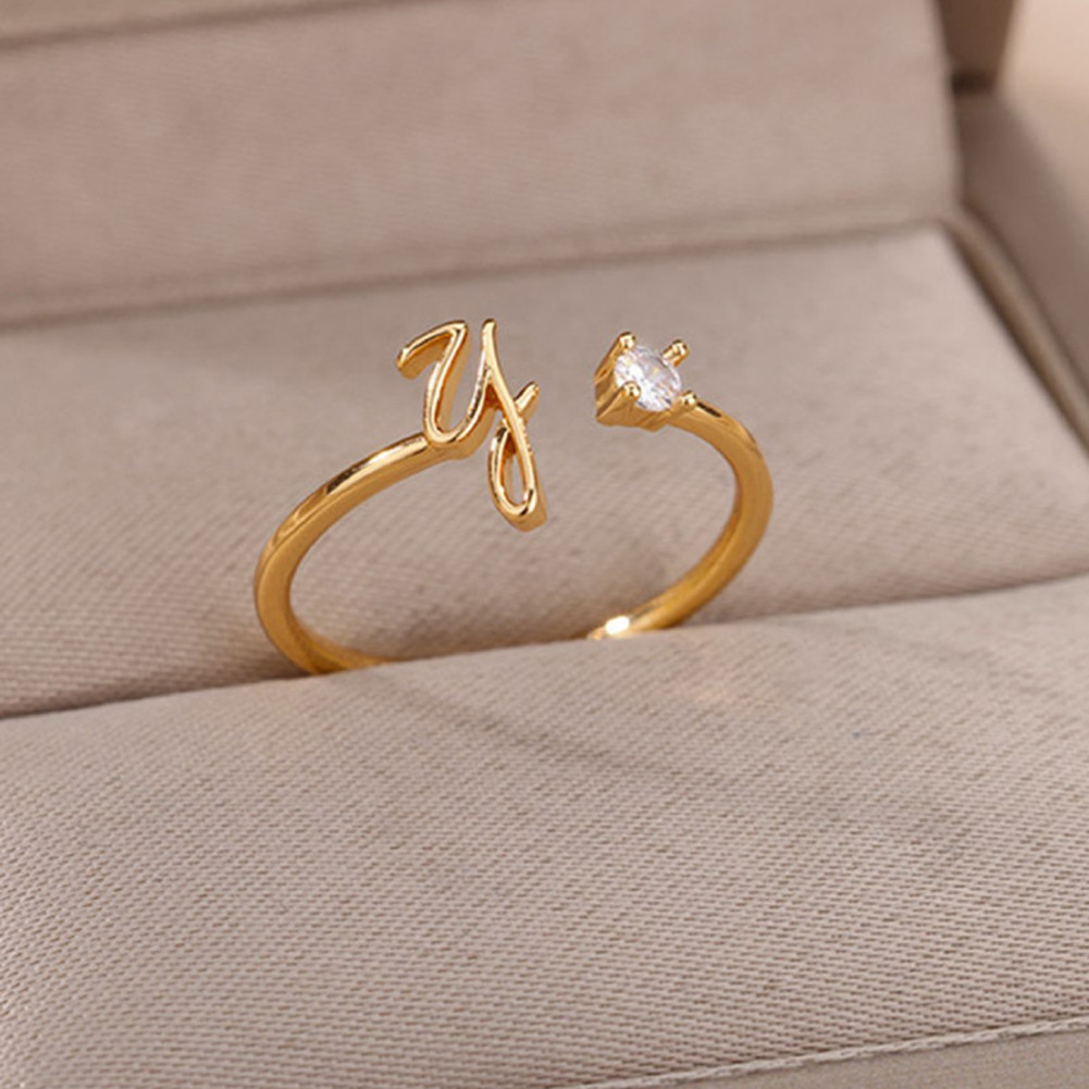Nhẫn đồng 26 chữ cái đương đại với đá zircon, điều chỉnh vừa vặn cá nhân