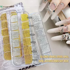 BeautifulHomeA 12 Lưới Móng Tay Nghệ Thuật Hạt Thép Nhỏ 0.6-2mm Kích Thước Hỗn Hợp 3D Thiết Kế Vàng Bạc Trang Sức Làm Móng Tay Đầu Charm Micro Ball DIY Trang Trí VN