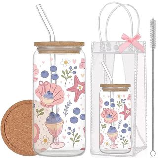 Cốc Thuỷ Tinh Việt Quất 500ml, Ly Thuỷ Tinh Cute Chịu Nhiệt Kèm Phụ Kiện, Quà Tặng Sinh Nhật