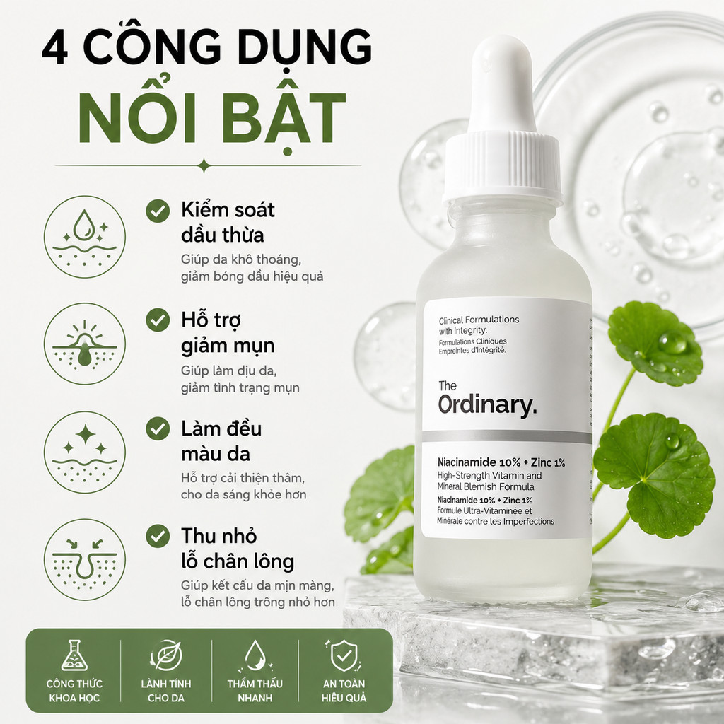 The Ordinary Niacinamide 10% + Zinc 1% 30ml Chính Hãng | Serum B3 Kiểm Dầu Mịn Da