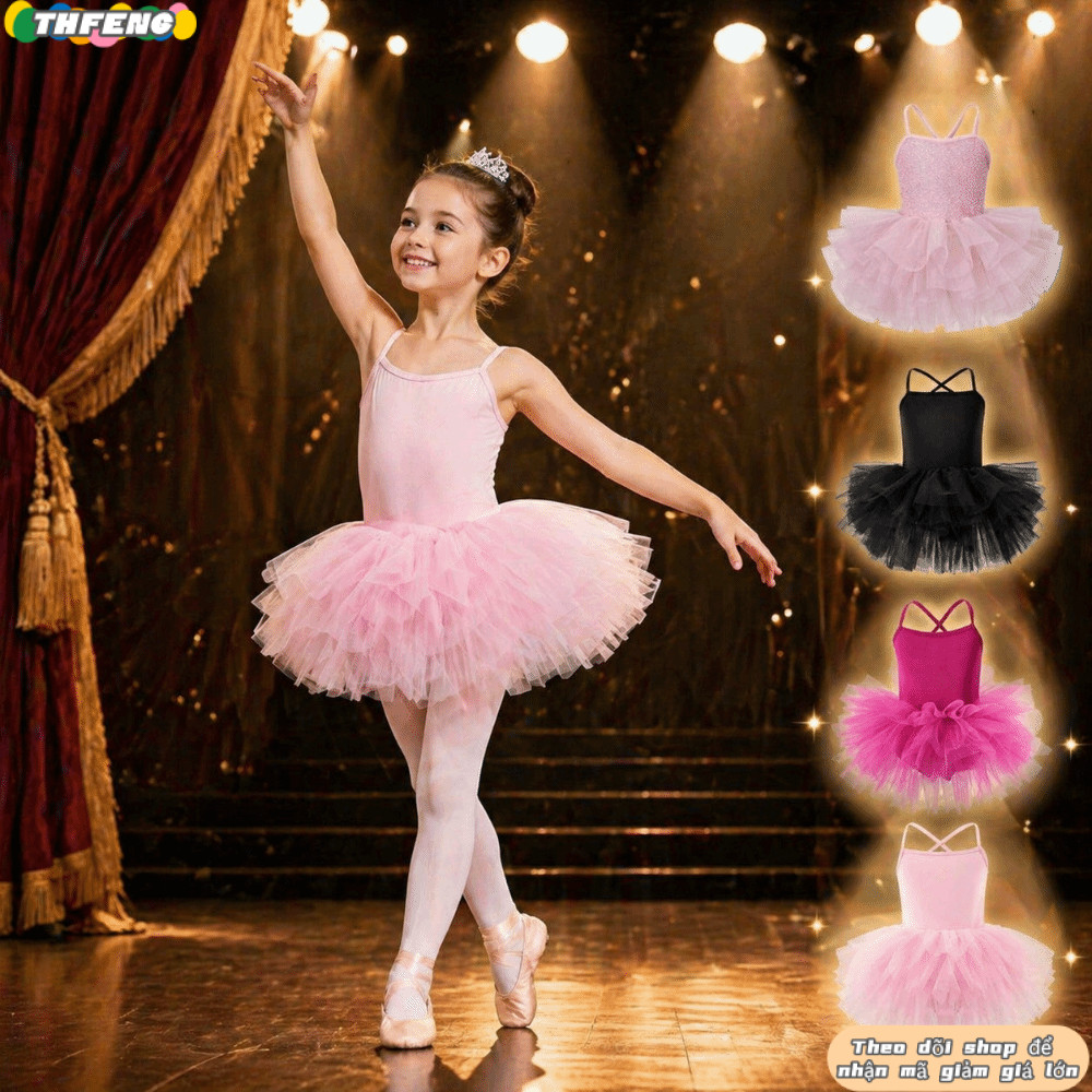 THFENG Ballet TuTu Đầm, Dây Đeo Chéo Puffy Bé Gái Váy Ba Lê, Đầm Hoàng Tử Chuyên Nghiệp Tay Ngắn Ba Lê Trình Diễn Trang Phục Chụp Ảnh