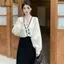 LUImo V Ne Màu Tương Phản Batwing Tay Áo Khoác Ngoài Sang Trọng Nút Áo Len Cardigan SBS