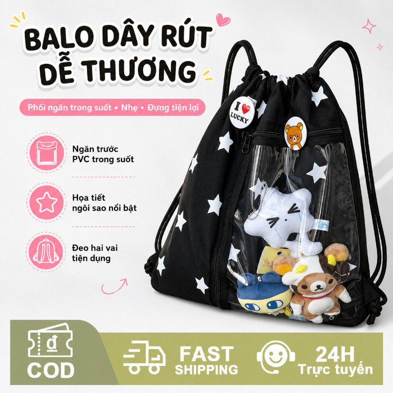Balo rút dây nylon chống thấm ngăn trong suốt dung tích rộng cho học sinh đựng iPad sách điện thoại