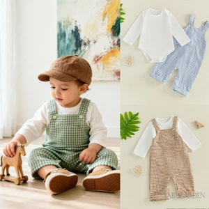 Basby Boy Trang phục dài tay cổ tròn màu trơn Áo liền quần in kẻ sọc Bộ quần và mũ tổng thể