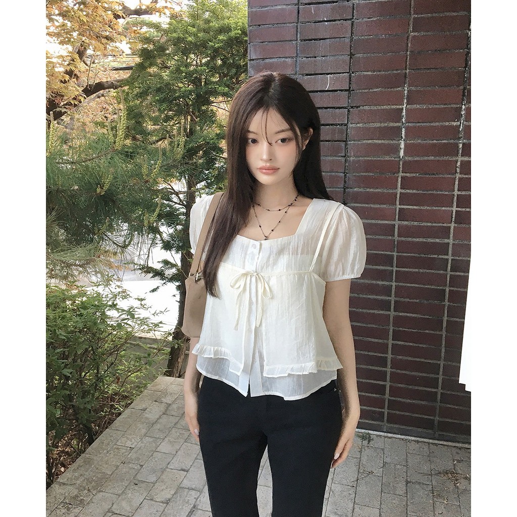 SUXI Áo sơ mi ngắn tay có dây buộc nhẹ nhàng dành cho nữ mùa hè mới 260609