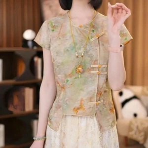 Phong cách mùa hè mới phong cách Trung Quốc thời trang in hình giảm béo khóa đĩa ngắn tay dành cho nữ