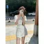 Hot Girl Tính khí Slanted Vai chấm bi eo hẹp + Váy xẻ tà Bộ đồ hai mảnh