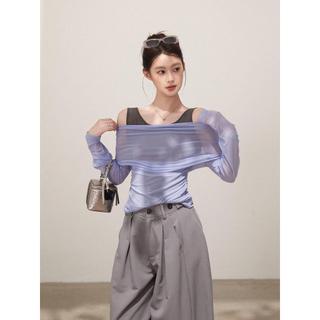 [Hàng mới về] Áo thun dài tay hai mảnh thêu màu tương phản dành cho nữ mùa hè phong cách Hàn Quốc Slim-F