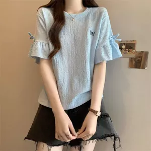 45-150kg Thiết Kế Kích Thước Lớn Lá Sen Tay Ngắn Nữ Mùa Hè Phiên Bản Hàn Quốc Rời Quần Áo Nữ Màu Sắc Tương Phản Top Áo