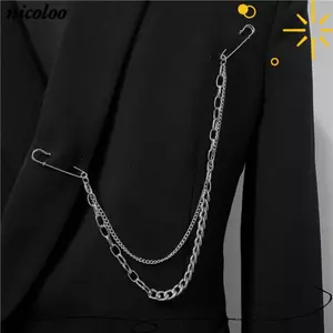 NICOLOO Đôi Dây Xích Thổ Cẩm, Punk Mặt Dây Chuyền Tua Rua Kim Loại Phù Hợp Với Áo Pin, Màu Bạc Đôi Pin Kẹp Hình Học Kim Loại Ngực Dây Xích Phụ Kiện Trang Sức