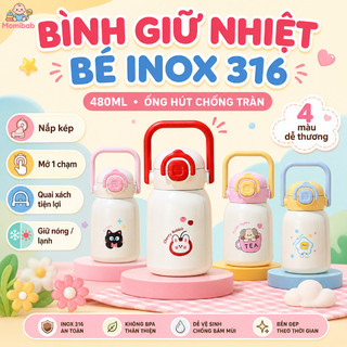 Bình giữ nhiệt bé inox 316 – 480ml, ống hút chống tràn – Nắp kép mở 1 chạm, quai xách – Giữ nóng/lạnh–Bé đi học, đi chơi