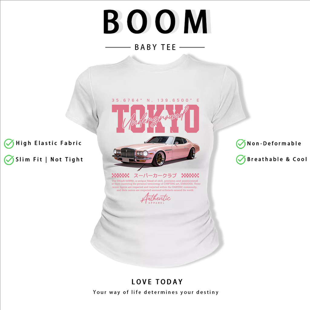 BOOM Áo Baby Tee Nữ Cotton Ôm Body-Áo Thun Ngắn Tay Y2K In Hình PhongCách Mùa Hè, Cổ Tròn Hàng Đầucách hàn quốc phongC91