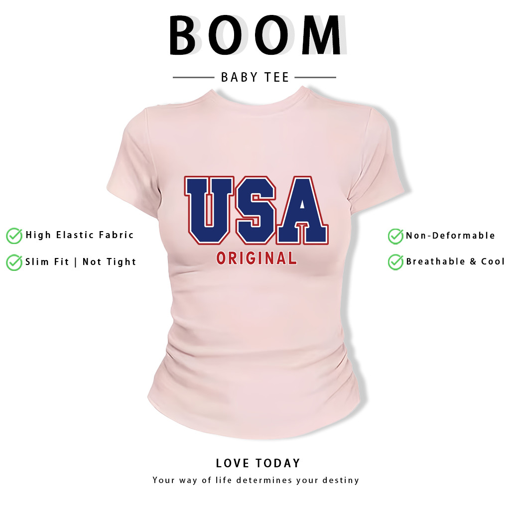 BOOM Áo Baby Tee Nữ Cotton Ôm Body-Áo Thun Ngắn Tay Y2K In Hình PhongCách Mùa Hè, Cổ Tròn Hàng Đầucách hàn quốc phongV13