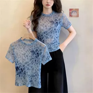 Milyfashion Phong Cách Mới Nhìn Xuyên Qua Lưới Áo Thun Ngắn Tay Mùa Hè Phù Hợp Với Màu Xanh Da Báo In Nhẹ Áo Sơ Mi Nhỏ Top ZNOF