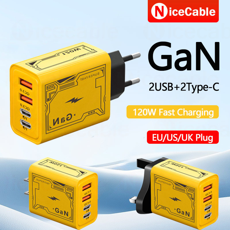 GaN 4-IN-1 2USB + Type C Cắm Sạc Điện Thoại 120W Sạc Siêu Nhanh Sạc Điện Thoại Di Động QC3.0 EU / US / UK Cắm Sạc Cho IOS Android