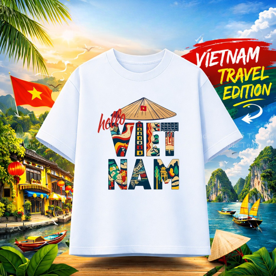 （Giao hàng 24h）Angela Áo Thun Việt Nam Du Lịch Phượt Nhóm Team HELLO NÓN LÁ Form Rộng Nam Nữ Unisex Local