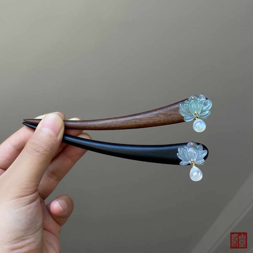 Kẹp tóc WHX-13cm {Qinghuan Hình học} Kẹp tóc Ebony Kẹp tóc ngọc trai hoa sen xanh