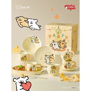 Một chút Nghịch Ngợm Dòng Chó Con Bộ Đồ Ăn Phô Mai Gốm Sứ Đĩa Sâu Bát Đẹp Quà Tặng Cô Gái Dễ Thương