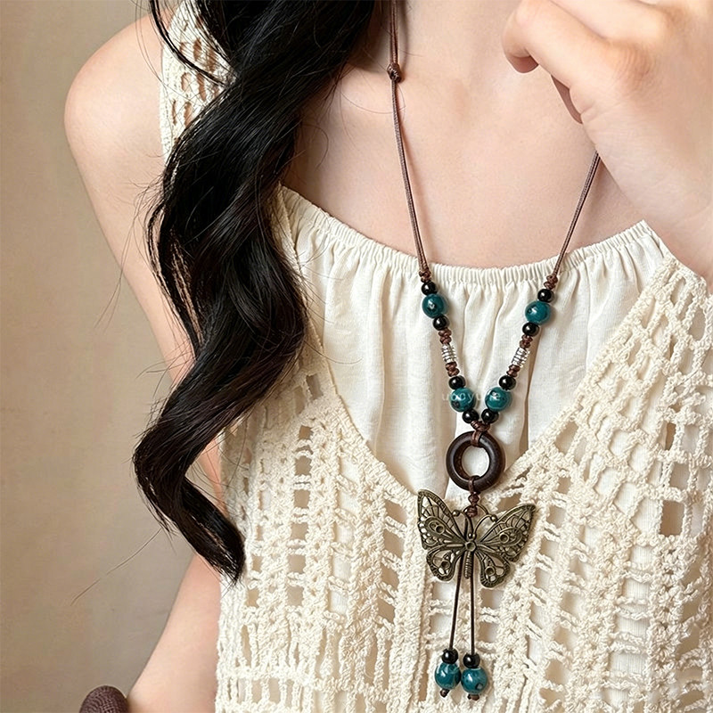 Vòng cổ dài lá bướm Bohemian, Dây có thể điều chỉnh với hạt ngọc lam & gỗ, Trang sức phong cách dân tộc cổ điển dành cho nữ