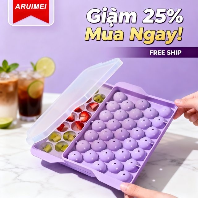 [GIẢM 25%] Khay Silicon Làm Đá 33 Viên Tròn Có Nắp 2.5cm An Toàn Thực Phẩm Dễ Lấy Xếp Chồng Uống Bia Cocktail Trái Cây