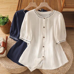 Giảm Tuổi Rời Vải Lanh Cotton Tay Ngắn Thêu Nữ 2025 Mỏng Phong Cách Ôm Hơn Nhìn Bao Bụng Áo Sơ Mi Nữ 5.26