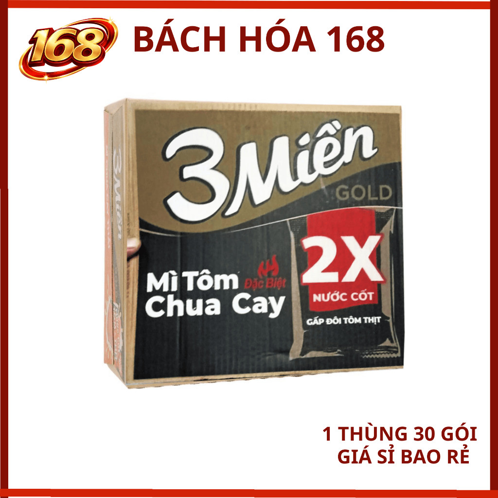 Thùng 30 gói -Mì 3Miền Gold Tôm chua cay đb (2X Nước cốt) 4GGV 75g (30)