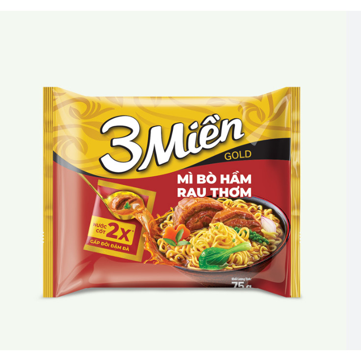 Thùng 30 gói - Mì 3 Miền Gold BÒ HẦM RAU THƠM (2X Nước cốt) 75g