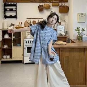 Quần áo nữ cỡ lớn béo mm Nhật Bản cổ điển nữ kẻ sọc xanh cổ đứng Áo sơ mi ngắn tay mùa hè Top 2