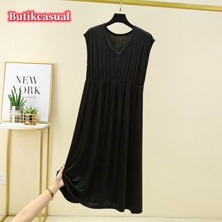 Váy cotton modal mùa hè 2023 không tay cổ chữ V, xếp ly dáng rộng dài vừa phải, trơn, phong cách nữ thường ngày