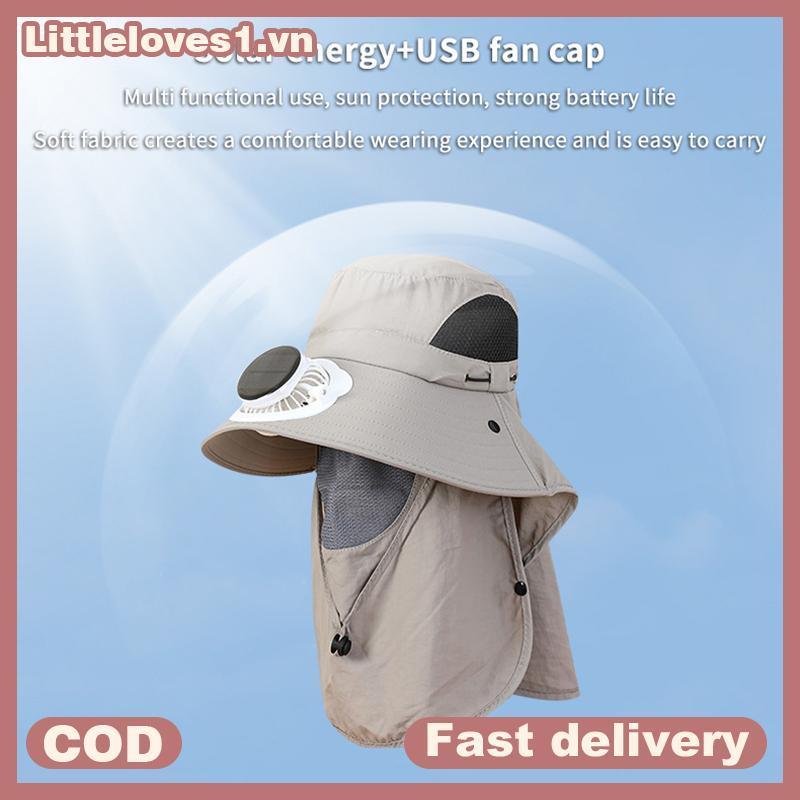 Littleloves1 Mũ ngoài trời nam có quạt bảng điều khiển năng lượng mặt trời Vành rộng chống tia cực tím Mũ chống nắng để làm vườn và câu cá VN