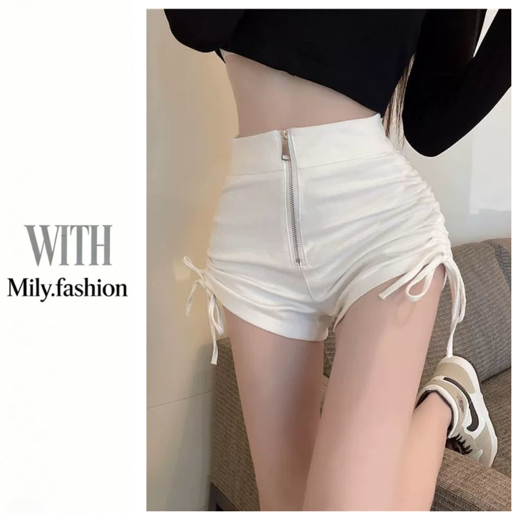 Milyfashion Size Lớn Dây Kéo Quần Short Eo Cao Mặc Ngoài Ôm Hơn Nhìn Chữ A Ống Rộng Màu Đen Thường Ngày Nóng Quần