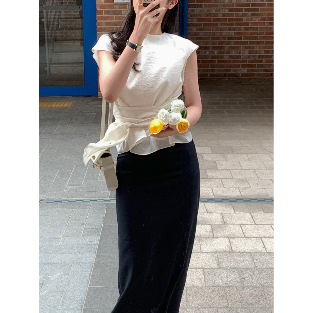 SUXI Áo sơ mi buộc dây thông thường màu trơn giản dị và nhẹ nhàng dành cho nữ mùa hè mới 260529