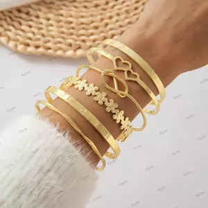 PYCOU 6 Cái / bộ Bộ Lắc Tay Kim Loại, Vòng Tay Hình Trái Tim Nút Hoa, Bohemian Retro Thiết Kế Mở Lớp Mở Vòng Tay Nữ Trang Sức