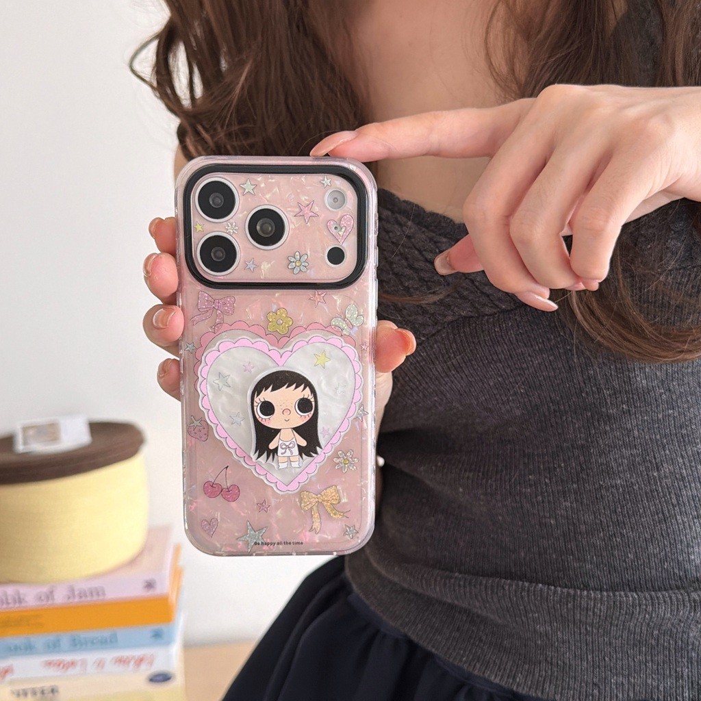 Vỏ Cho iPhone 17PM 16 Pro Max 15 IMD Craft Laser Shell Design YUY Girl Phim Hoạt Hình Chống Sốc TPU Mềm Chống Trầy Xước Chống Bụi Bẩn Vỏ Điện Thoại Có Chân Đế Trái Tim Tình Yêu