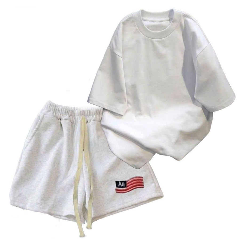 sét bộ nữ quần đùi cộc màu XÁM TIÊU cờ mỹ  AAA  dáng ngắn dây bản to  + mix phông trơn COTTON MÁT-thoitrangthubio