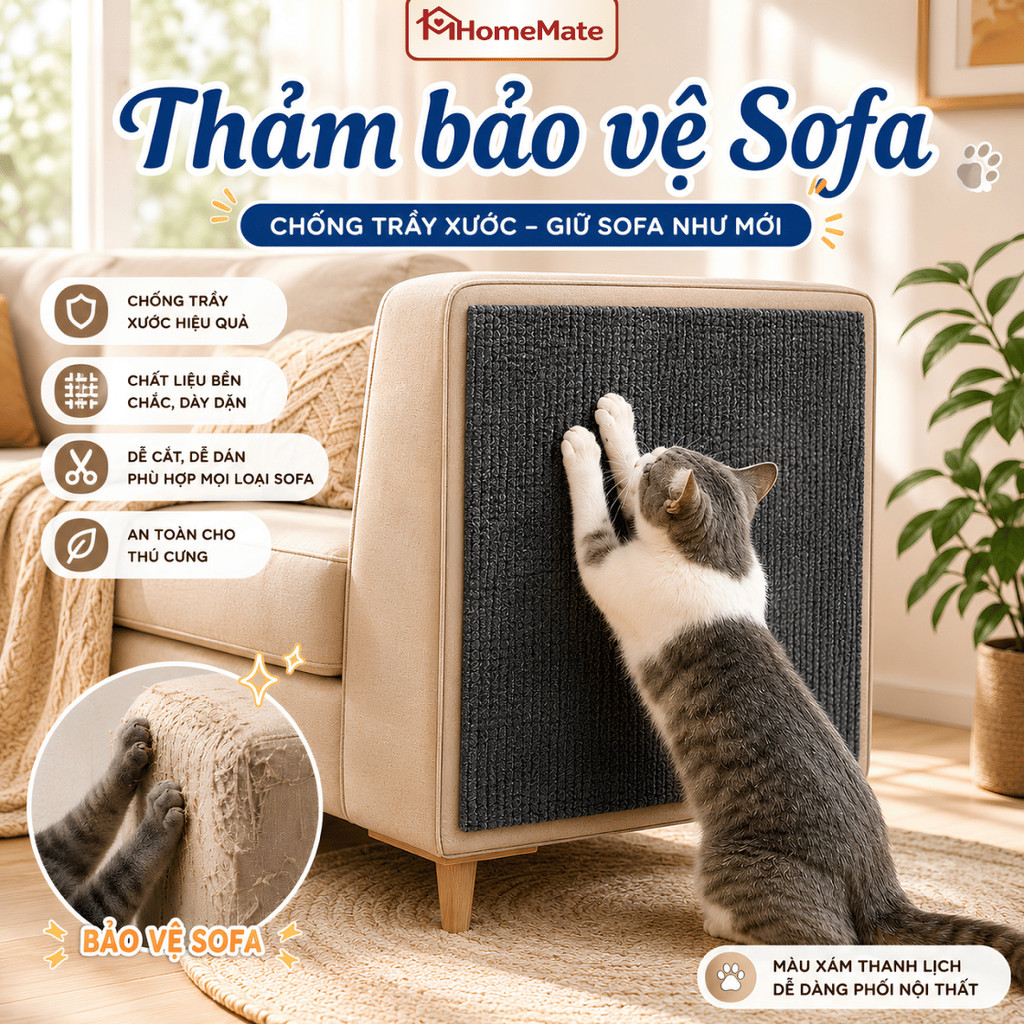 Thảm Cào Móng Cho Mèo HomeMate – Miếng Dán Bảo Vệ Sofa, Ghế Da, Nội Thất Chống Trầy Xước, Cắt Dán Linh Hoạt
