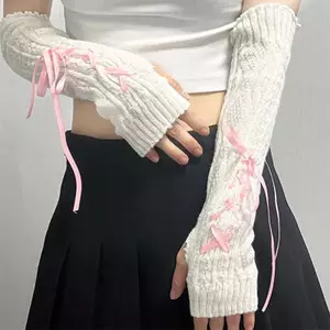 PANPIA - 1 Đôi Găng Tay Dệt Kim Nữ Y2K, Tay Ấm Nửa Ngón Nơ Xinh, Màu Trơn, Mềm Mại
