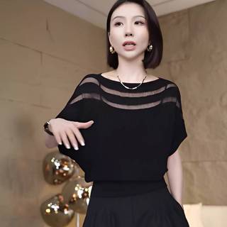 HWETR Hàn Quốc Rỗng Chắp Vá Tròn Ne Tay Ngắn Rời Dệt Kim Áo Thun Nữ