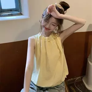 Áo sơ mi nhỏ không tay cổ tròn phong cách Hàn Quốc Phiên bản dáng ôm tươi mát hơn bên bờ biển Kỳ nghỉ giải trí Áo khoác ngoài