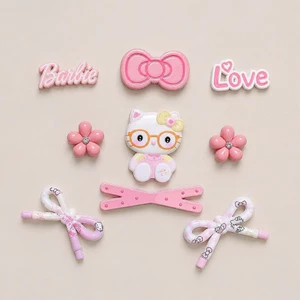 Set Charm Hello Kitty Kính Tròn Hồng Pastel Bộ Charm Nơ Ruy Băng, Love Barbie Và Hoa Dễ Thương Trang Trí Dép