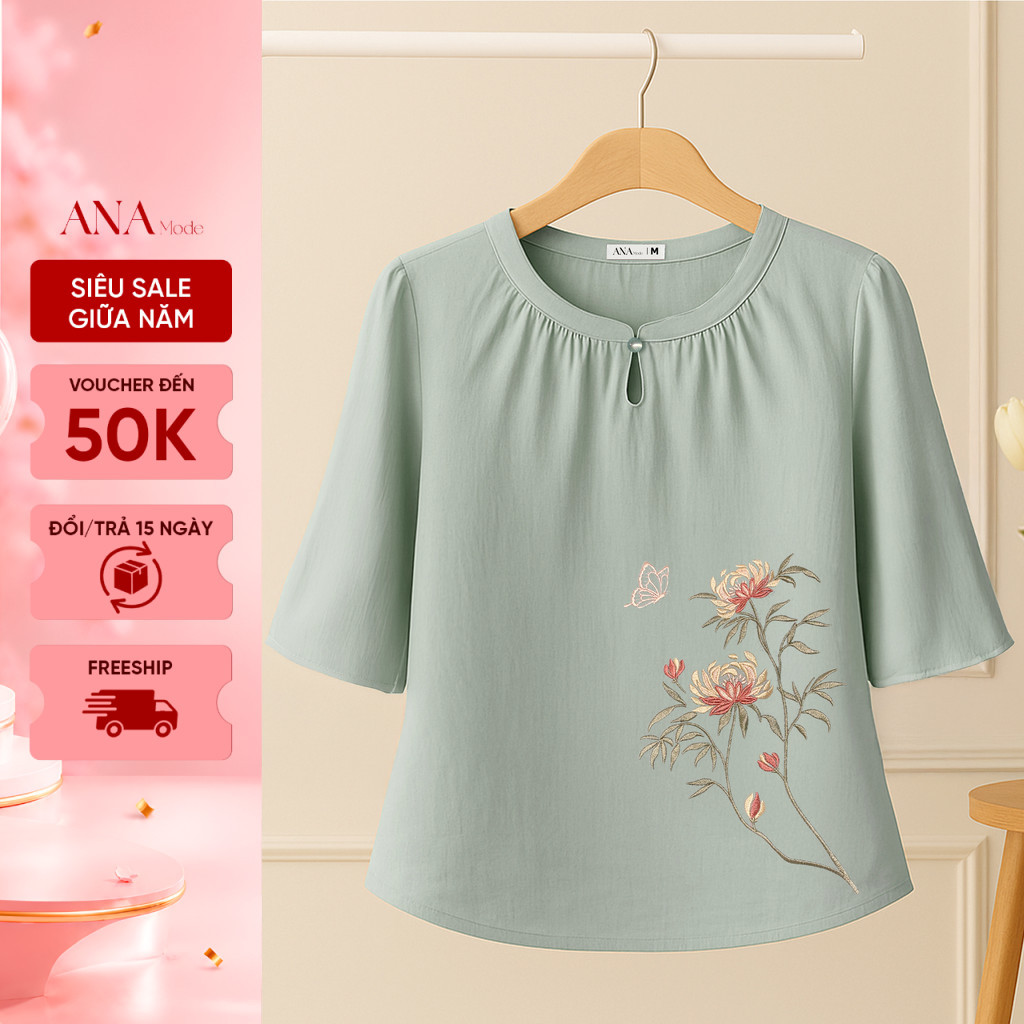 Áo Kiểu Form Rộng Trung Niên ANA Mode Chất Liệu Tơ Đũi Thanh Lịch Đi Chơi Quà Tặng Mẹ AK25VHC07