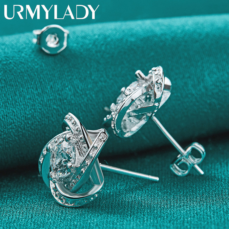 URMYLADY Bạc 925 Bốn Lá Cỏ Ba Lá Zircon Bông Tai Bông Tai Dành Cho Nữ Quyến Rũ Cưới Đính Hôn Trang Sức Thời Trang