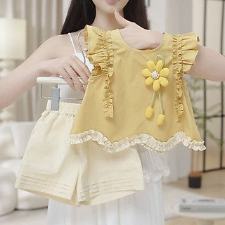 Bộ đồ bé gái phong cách mùa hè quần short không tay hoa ba chiều bộ đồ hai mảnh phong cách phương T