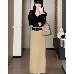 Bộ đồ đầu mùa thu màu đen Bộ đồ cổ chữ V giả hai mảnh Bộ đồ hai mảnh Bộ đồ thời trang phù hợp cho mọi trận đấu 3463 #