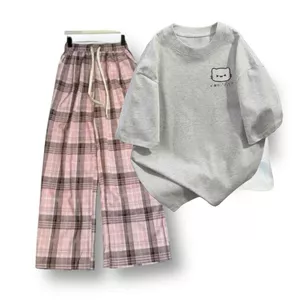 "Bộ quần suông ống rộng Caro hồng+mix áo phông form rộng in nơ mèo n g ự c-SHOP THỜI TRANG THU BIO
