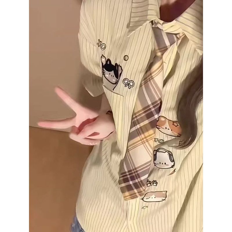 Phong Cách Nhật Bản Preppy Phong Cách Hoạt Hình Mèo Sọc Cổ POLO Áo Sơ Mi Tay Ngắn Nam Nữ Mùa Hè Rời Sinh Viên Top ins