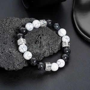 Vòng tay đính cườm Unisex - Hạt thủy tinh nứt đen trắng - Miếng đệm khắc bạc - Phụ kiện may mắn đa năng hợp thời trang